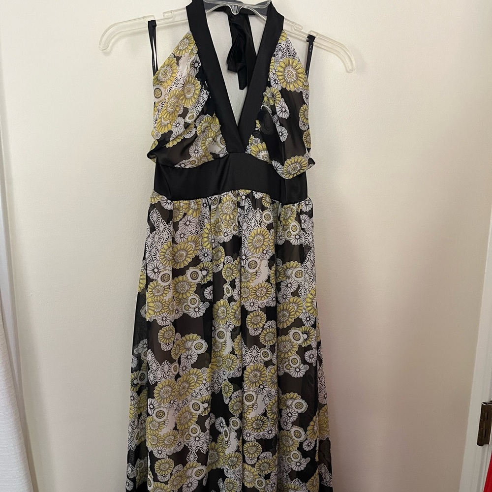 Floral Halter Midi Dress - Black and Yellow